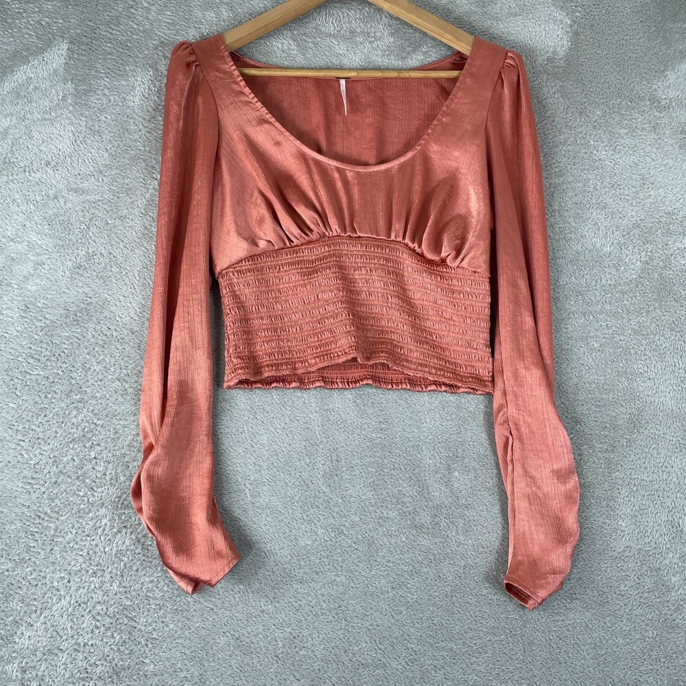 Free People Blouse Womens Small Pink Satin Smocked Cropped Boho Romantic Top
